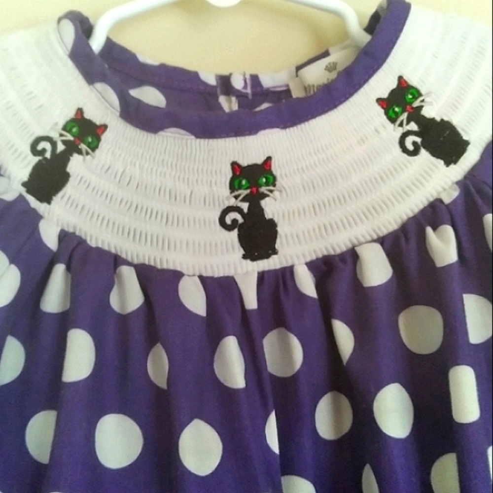 Marie Nicole Purple Polka Dot Dress Halloween Dress with Cat Embroidery